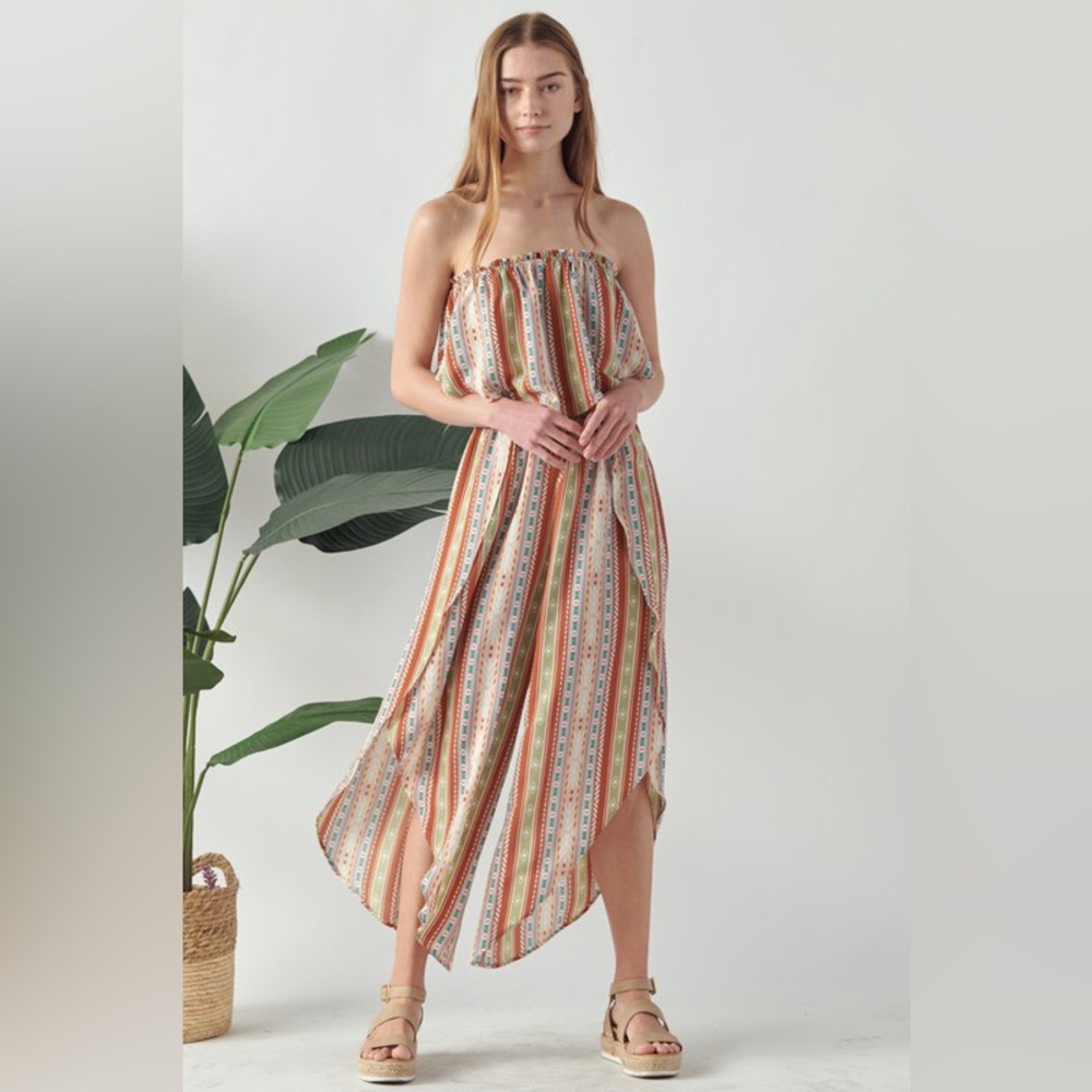 🟠 373B-RUST. Strapless Printed Jumpsuit